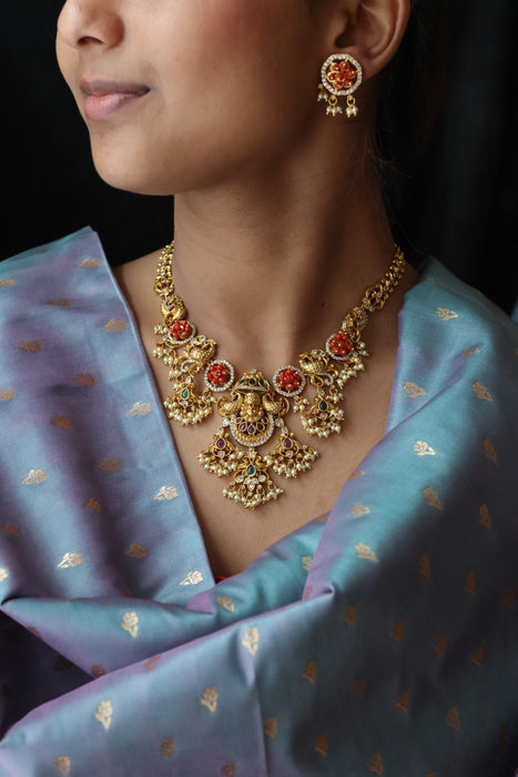 Antique red stone short necklace and earrings SS11011