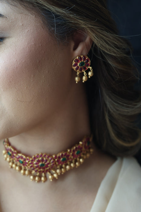 Antique gold ruby stone choker necklace with earrings RUB1123