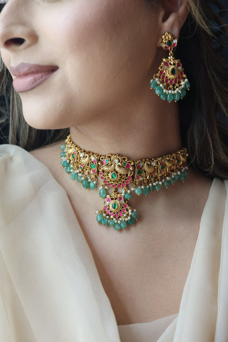 Antique kemp stone ruby green bead choker necklace with earrings CCB27833