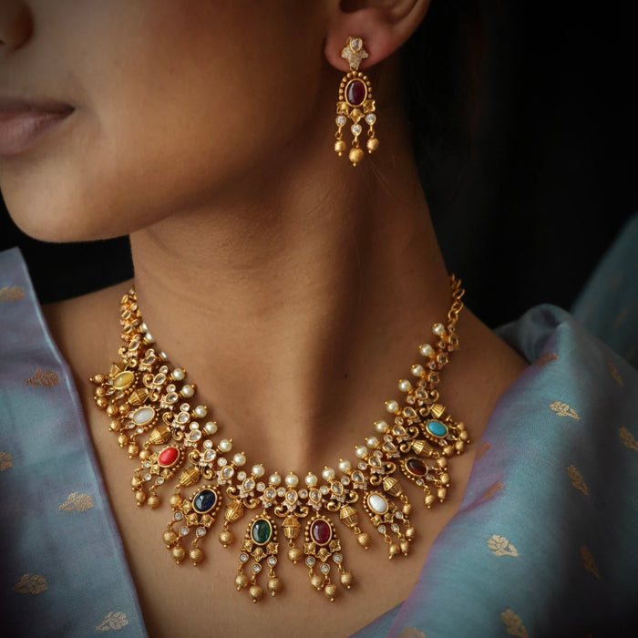 Antique navarathna short necklace with earrings S1B1679