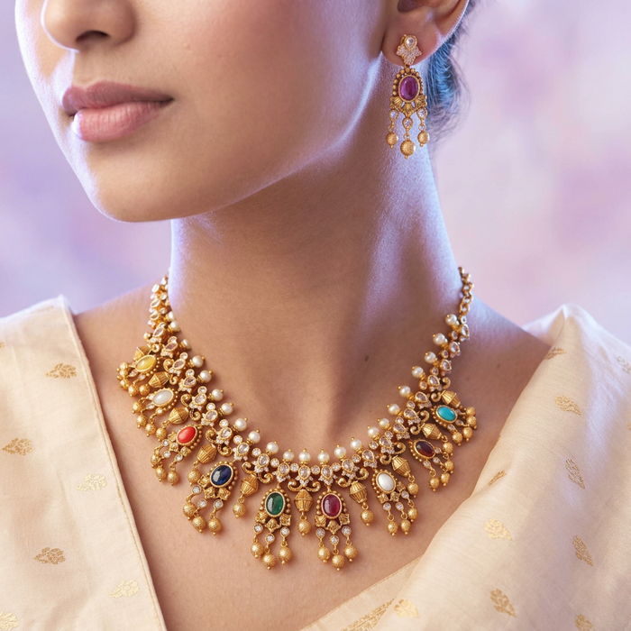 Antique navarathna short necklace with earrings S1B1679