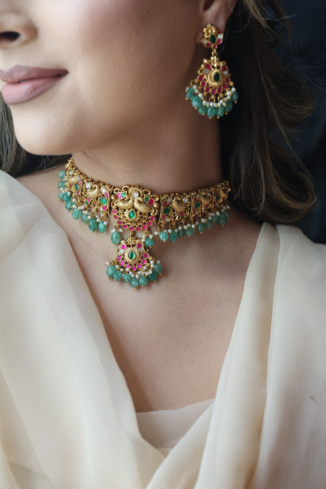 Antique kemp stone ruby green bead choker necklace with earrings CCB27833