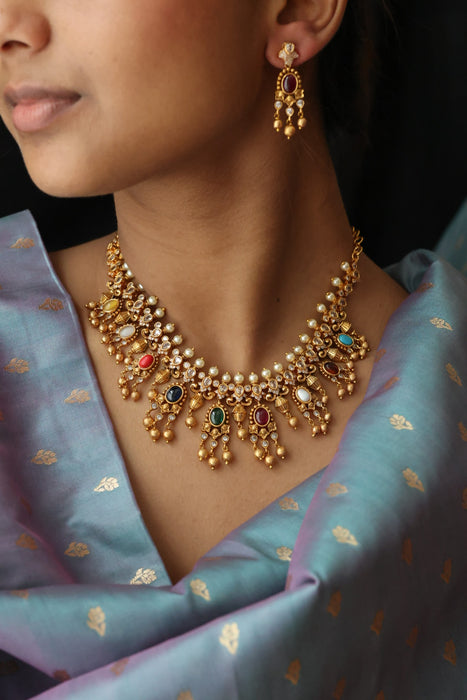 Antique navarathna short necklace with earrings S1B1679