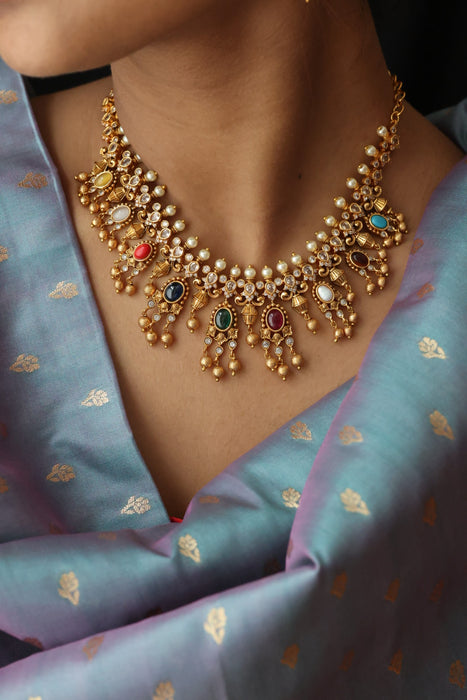 Antique navarathna short necklace with earrings S1B1679