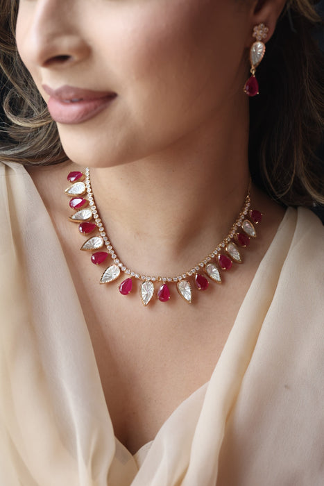 Kundan ruby white stone short necklace with earrings MS21789