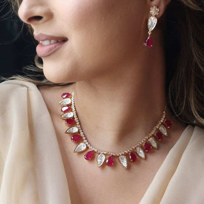 Kundan ruby white stone short necklace with earrings MS21789