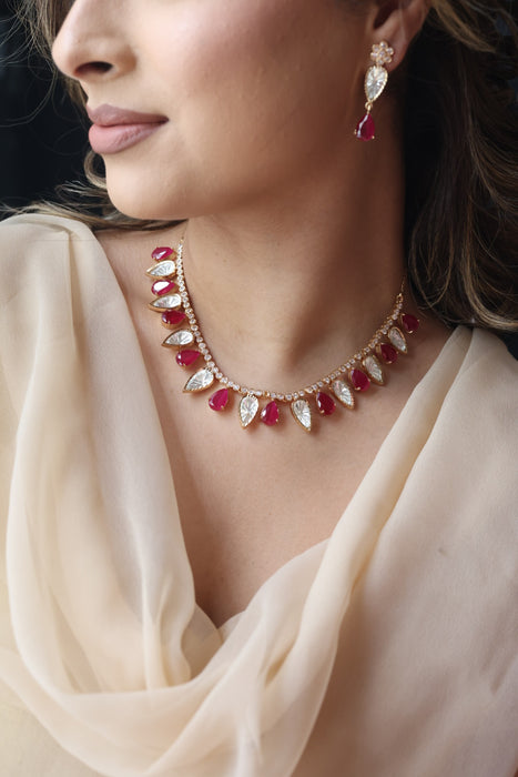 Kundan ruby white stone short necklace with earrings MS21789