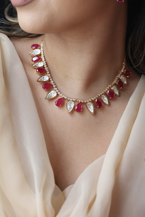 Kundan ruby white stone short necklace with earrings MS21789