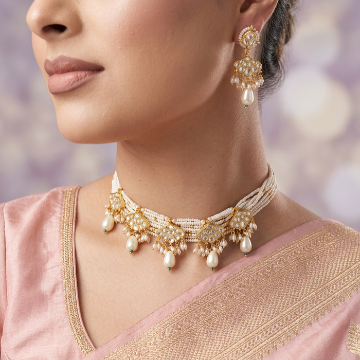 Kundan white stone and pearl choker necklace with earrings MS2334