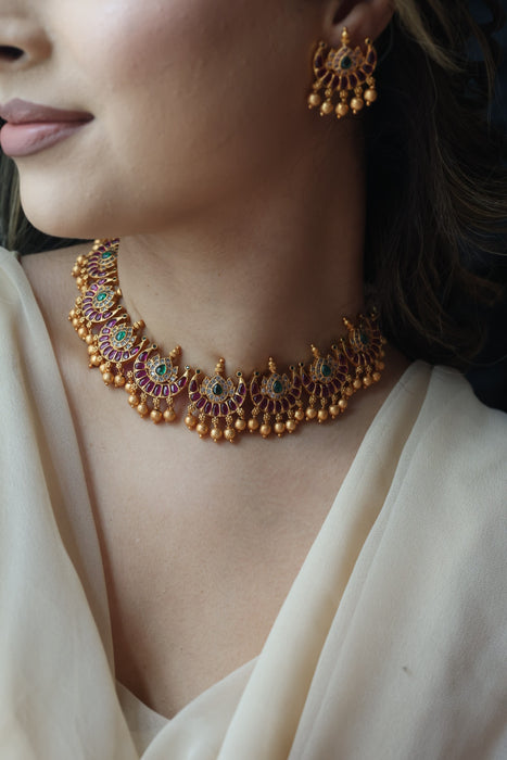 Antique ruby stone short necklace with earrings RUB7891