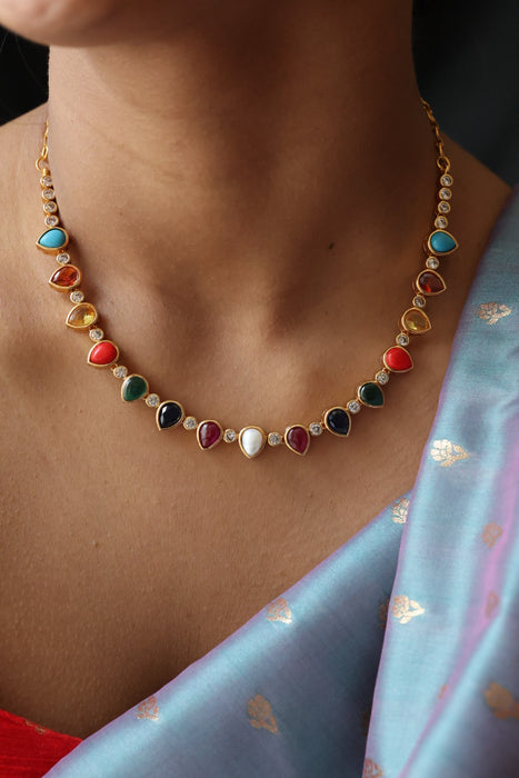 Antique navarathna stone short necklace with earrings TTS4677