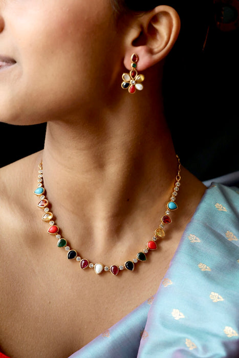 Antique navarathna stone short necklace with earrings TTS4677