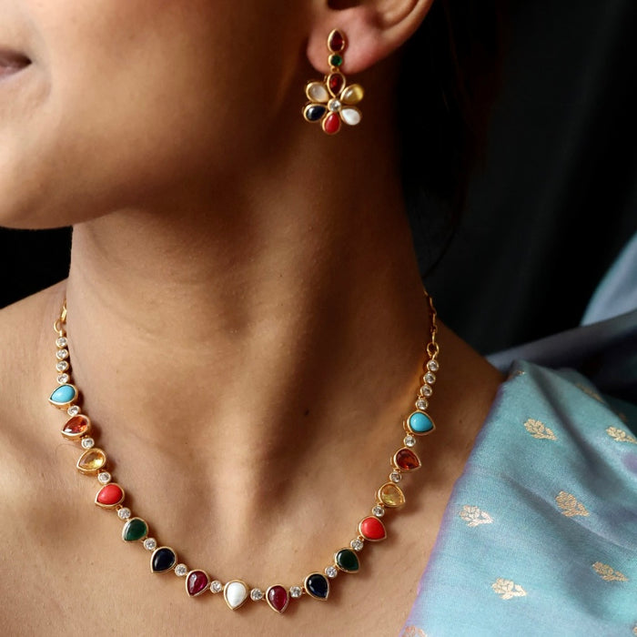 Antique navarathna stone short necklace with earrings TTS4677