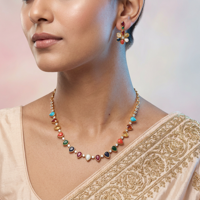 Antique navarathna stone short necklace with earrings TTS4677