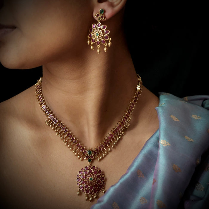 Antique ruby short necklace with earrings RUB678