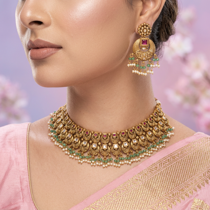 Antique gold and pearl choker necklace with earrings CCB2734