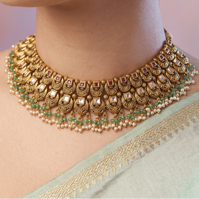 Antique gold and pearl choker necklace with earrings CCB2734
