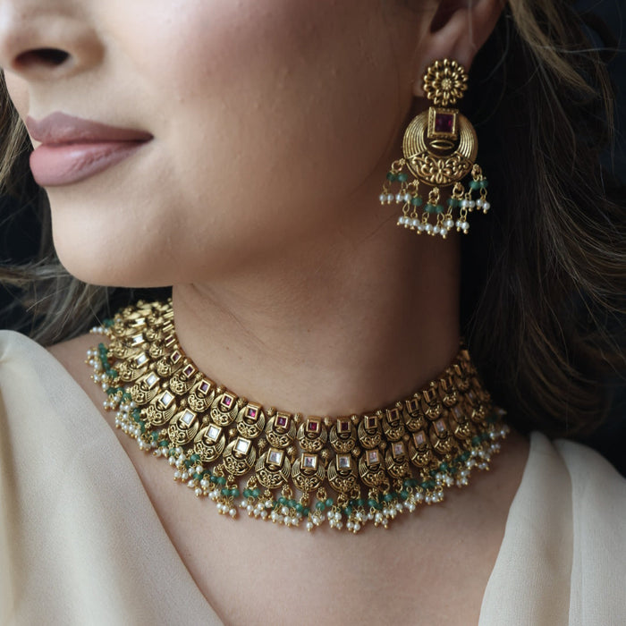 Antique gold and pearl choker necklace with earrings CCB2734