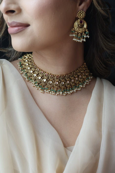 Antique gold and pearl choker necklace with earrings CCB2734