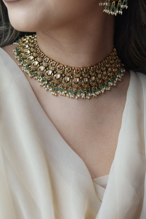 Antique gold and pearl choker necklace with earrings CCB2734