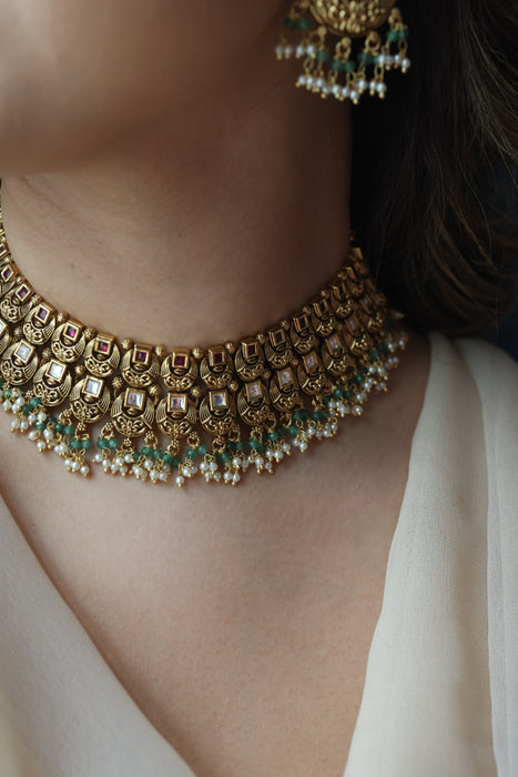 Antique gold and pearl choker necklace with earrings CCB2734