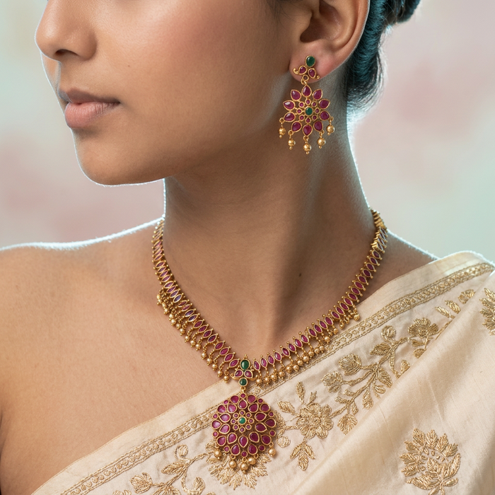 Antique ruby short necklace with earrings RUB678