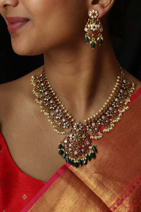 Antique ruby stone and pearl short necklace with earrings S1B26772