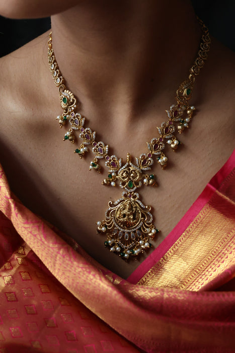 Antique stone and pearl short necklace with earrings S1B287