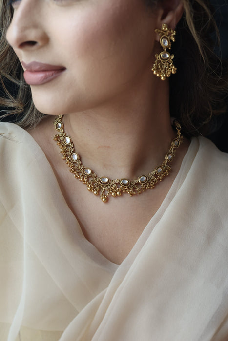 Antique simple white stone short necklace with earrings G4006
