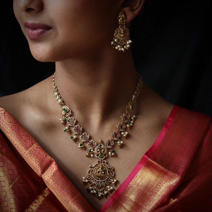 Antique stone and pearl short necklace with earrings S1B287