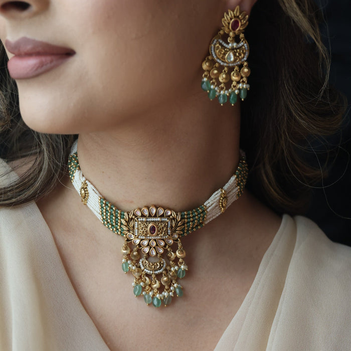 Antique gold and green pearl choker necklace with earrings AG1434