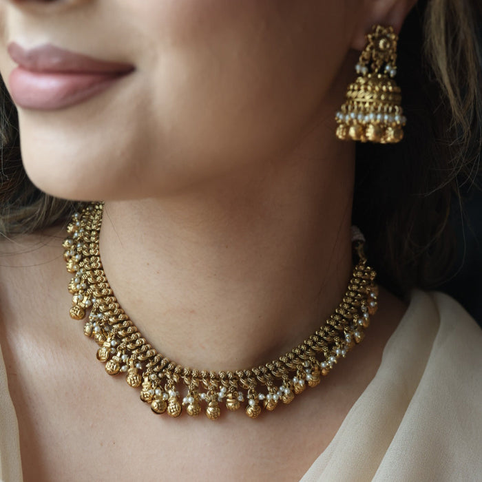 Antique gold simple short necklace with earrings G117822