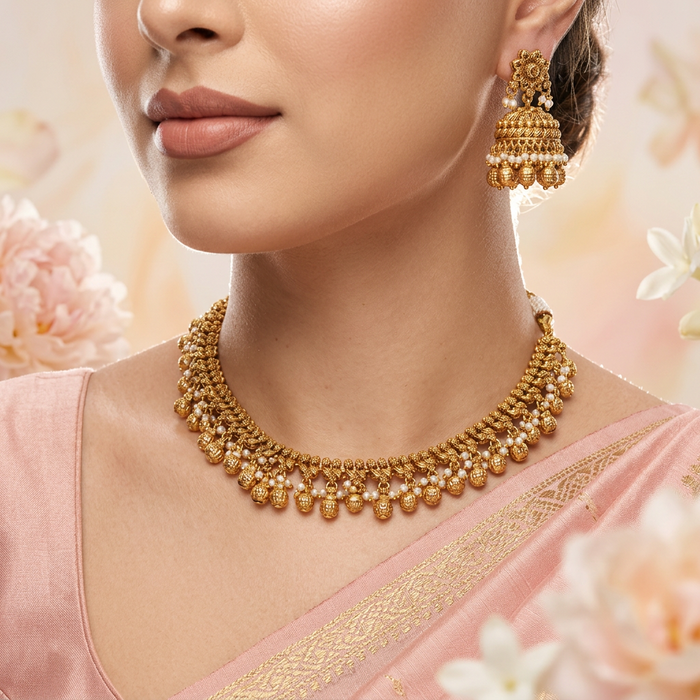Antique gold simple short necklace with earrings G117822