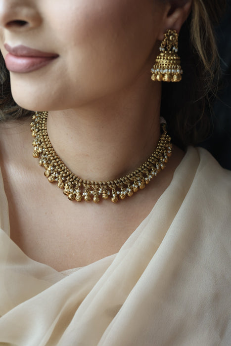Antique gold simple short necklace with earrings G117822
