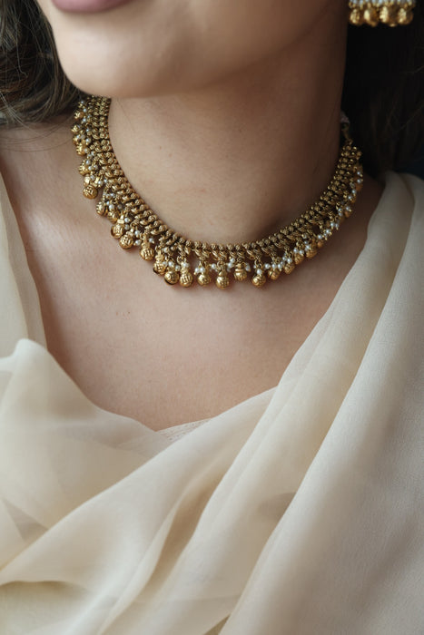 Antique gold simple short necklace with earrings G117822
