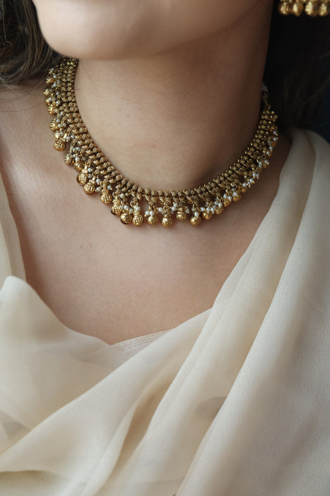 Antique gold simple short necklace with earrings G117822