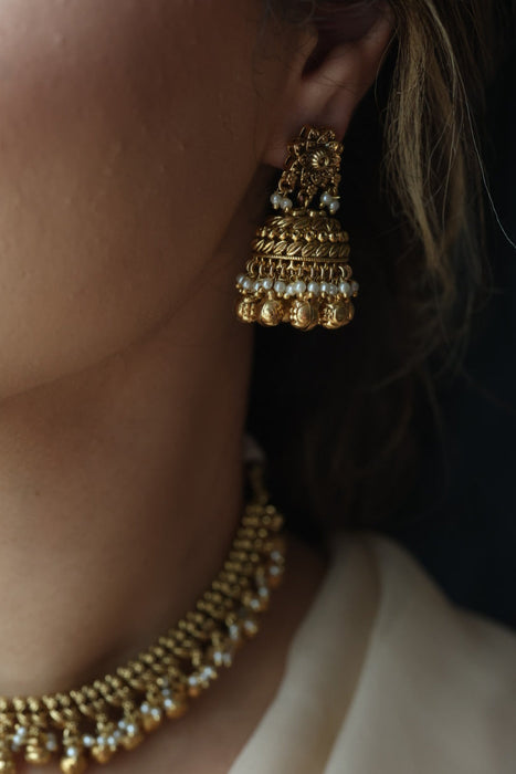 Antique gold simple short necklace with earrings G117822
