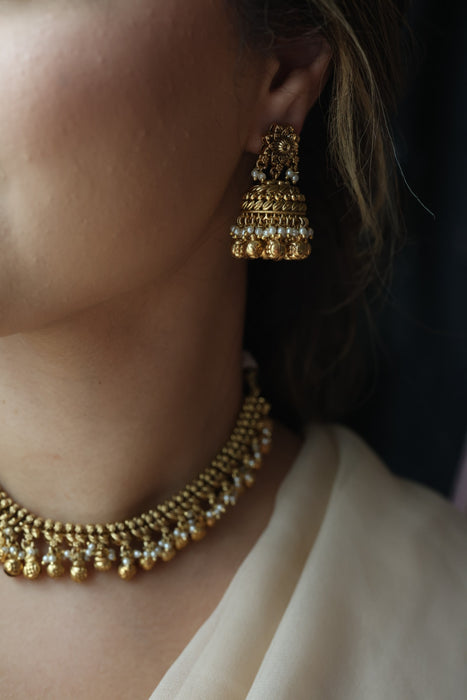 Antique gold simple short necklace with earrings G117822