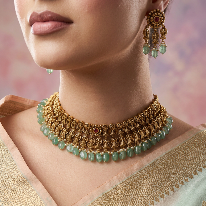 Antique gold green bead short necklace with earrings CCB26733