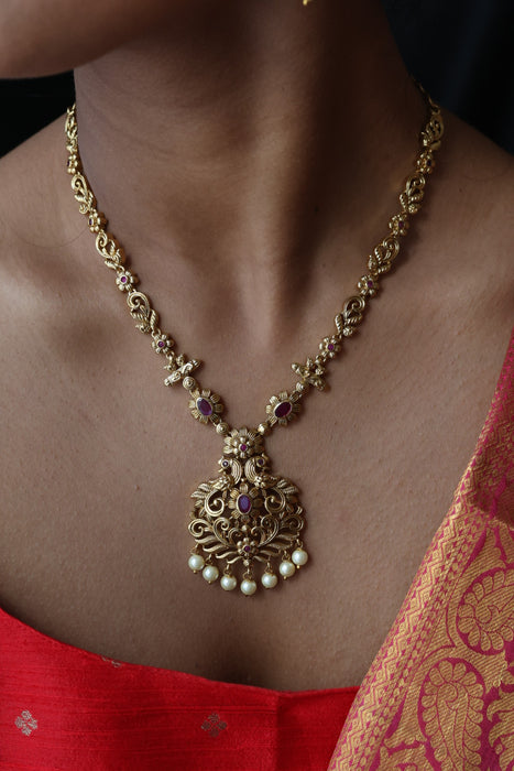 Antique ruby stone short necklace and earrings SS1087