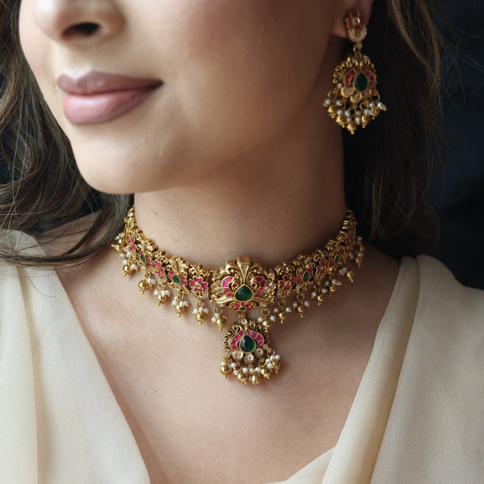 Antique gold and pearl choker necklace with earrings CCB21345