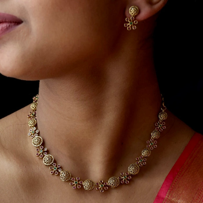 Antique ruby stone short necklace and earrings SS10811