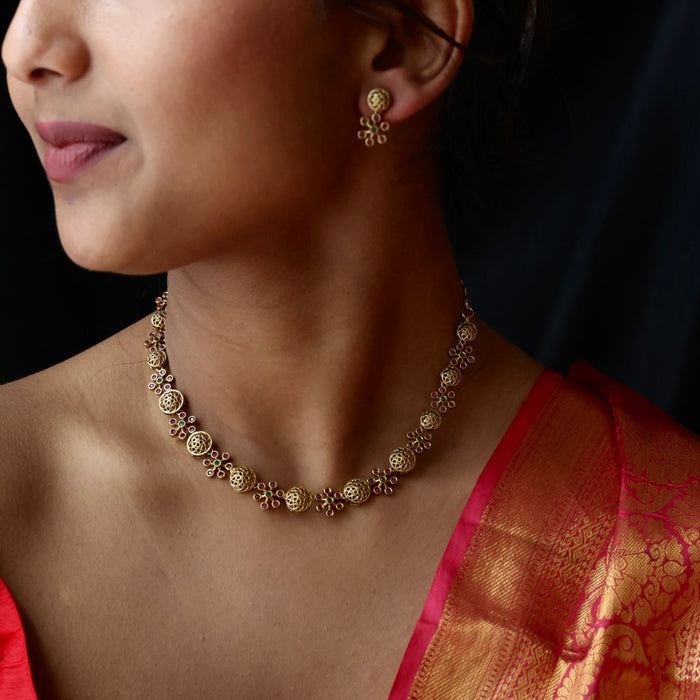 Antique ruby stone short necklace and earrings SS10811