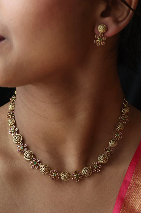 Antique ruby stone short necklace and earrings SS10811