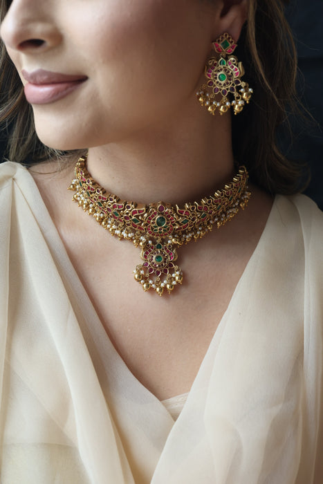 Antique kemp stone choker necklace and earrings CCB21624