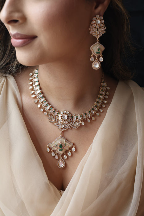 Kundan green white stone short necklace with earrings MS134