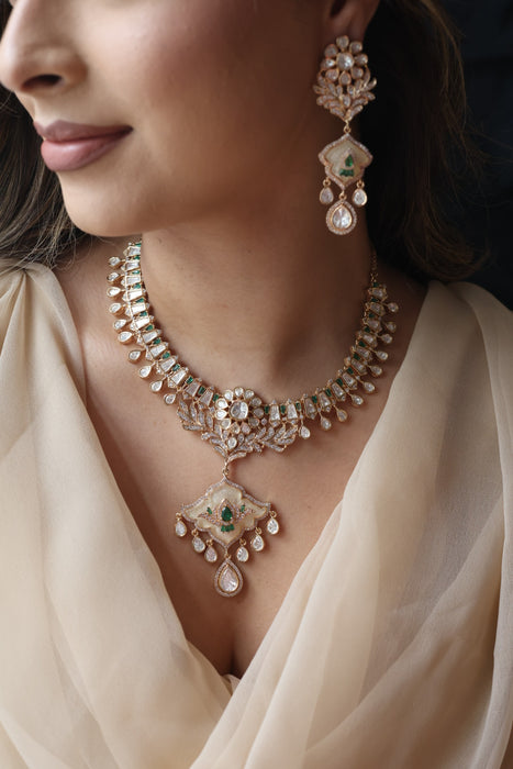 Kundan green white stone short necklace with earrings MS134