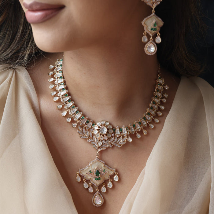Kundan green white stone short necklace with earrings MS134
