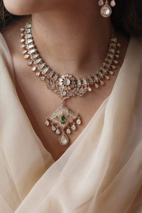 Kundan green white stone short necklace with earrings MS134