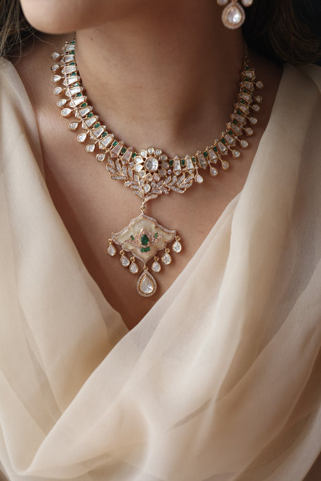 Kundan green white stone short necklace with earrings MS134